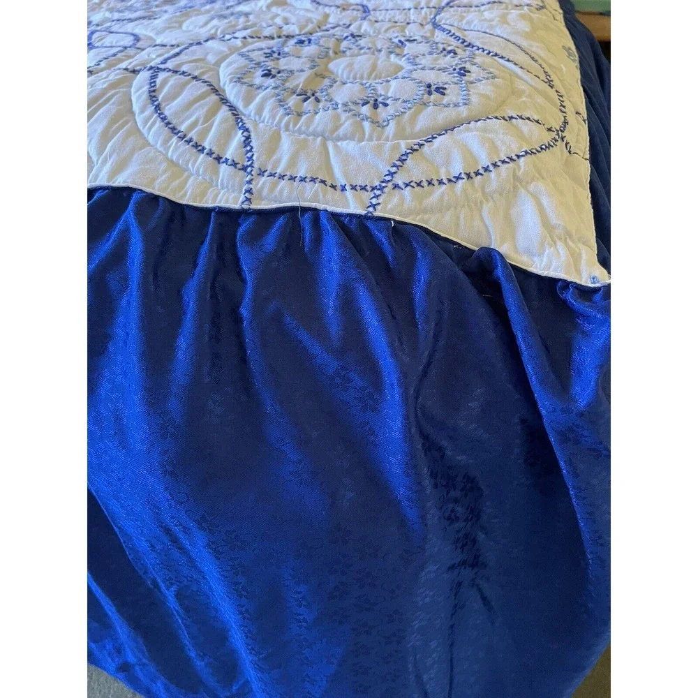 Handmade Lancaster Co PA Blue White Cross Stitch Bedspread wAttached Dust Ruffle